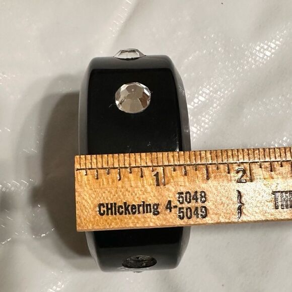 Vintage 50s Black Bakelite (?) Plastic and rhinestone Bangles Bracelets - Picture 8 of 13